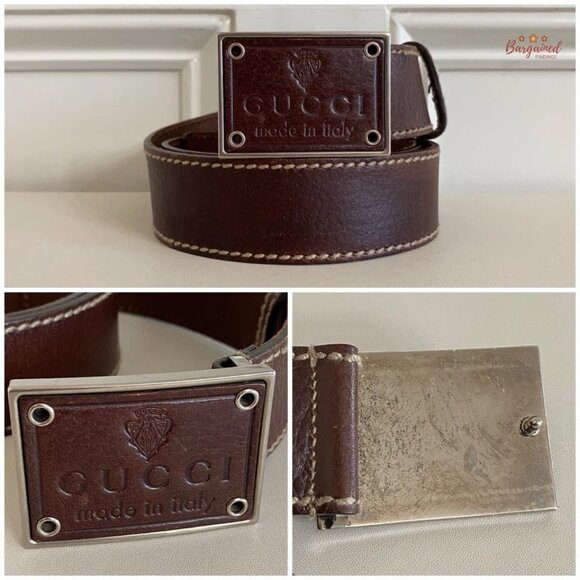 Authentic Gucci Brown Leather Crest Logo Plaque Men's Buckle Belt Size 90/36 - Picture 2 of 13